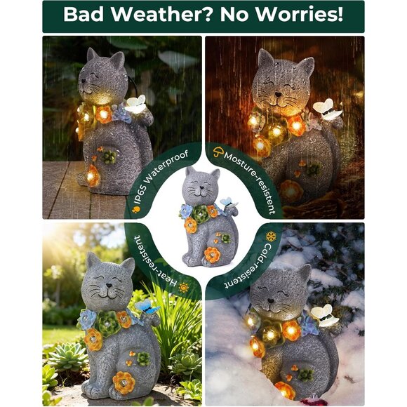 Solar Garden Statues Outdoor Decor, 6 LED Cat Flowers Butterfly Figurine Lights, - Picture 3 of 7
